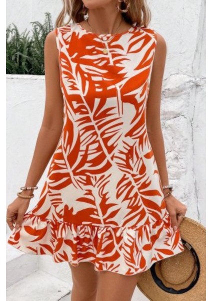Sıfır Kol Yaprak Desenli Fırfır Detaylı Elbise - Turuncu fiyatları