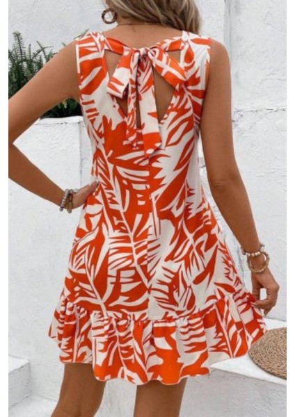 Sıfır Kol Yaprak Desenli Fırfır Detaylı Elbise - Turuncu modelleri
