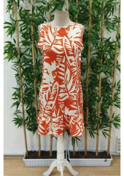 Sıfır Kol Yaprak Desenli Fırfır Detaylı Elbise - Turuncu fırsatları