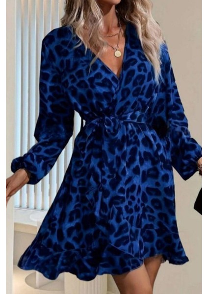 Kruvaze Yaka Bağlamalı Mini Modal Elbise Saks modelleri