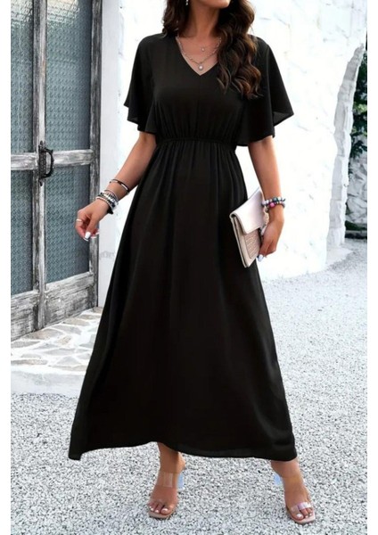 V Yaka Bel Lastikli Viskon Elbise Siyah