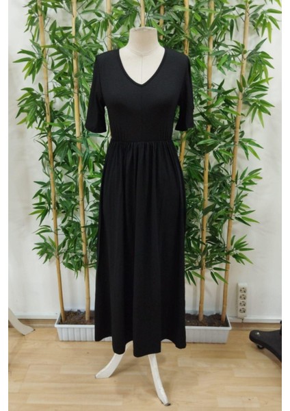 V Yaka Bel Lastikli Viskon Elbise Siyah fiyatları
