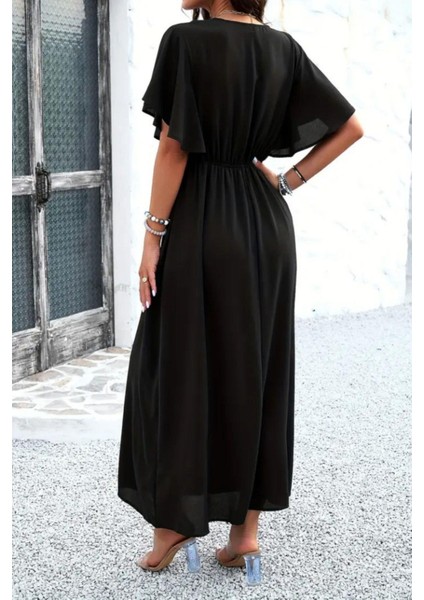 V Yaka Bel Lastikli Viskon Elbise Siyah modelleri