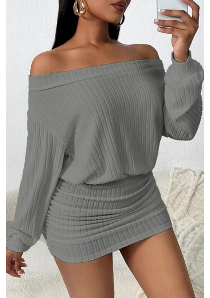 Madonna Yaka Büzgülü Şardonlu Kaşkorse Elbise - Gri