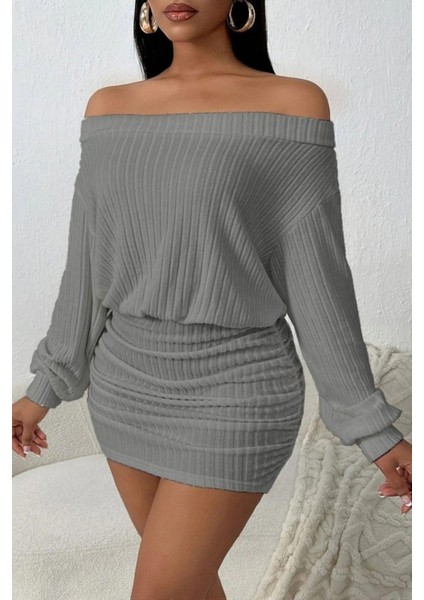 Madonna Yaka Büzgülü Şardonlu Kaşkorse Elbise - Gri modelleri