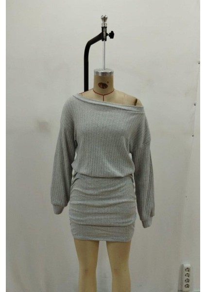 Madonna Yaka Büzgülü Şardonlu Kaşkorse Elbise - Gri fırsatları