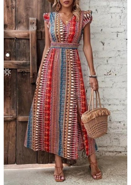 V Yaka Desenli Yırtmaçlı Süprem Elbise - Desenli