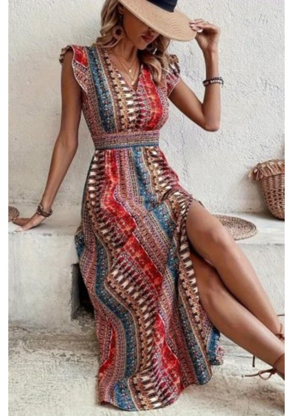 V Yaka Desenli Yırtmaçlı Süprem Elbise - Desenli fiyatları