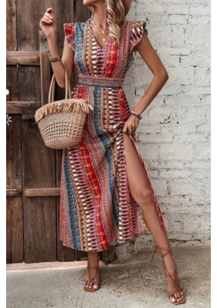 V Yaka Desenli Yırtmaçlı Süprem Elbise - Desenli modelleri