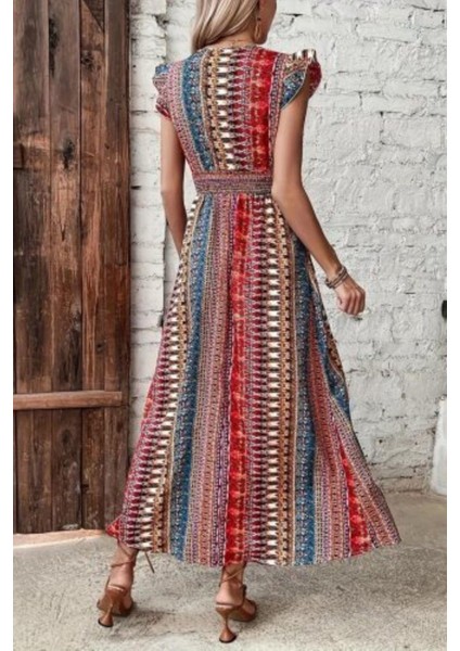 V Yaka Desenli Yırtmaçlı Süprem Elbise - Desenli fırsatları