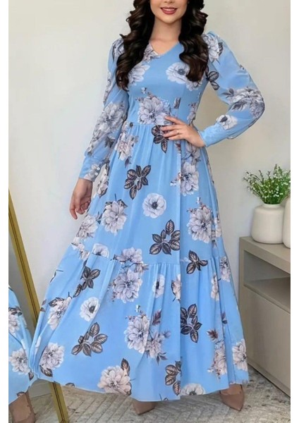 Uzun Kollu V Yaka Süprem Çiçek Desenli Elbise - Mavi