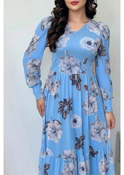 Uzun Kollu V Yaka Süprem Çiçek Desenli Elbise - Mavi fiyatları
