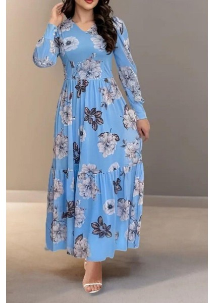 Uzun Kollu V Yaka Süprem Çiçek Desenli Elbise - Mavi modelleri