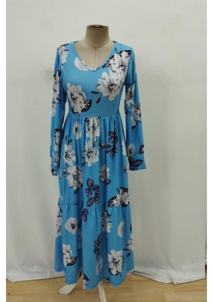 Uzun Kollu V Yaka Süprem Çiçek Desenli Elbise - Mavi fırsatları