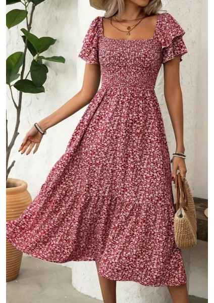 Kare Yaka Kısa Kollu Beli Büzgülü Süprem Elbise - Kırmızı