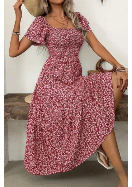 Kare Yaka Kısa Kollu Beli Büzgülü Süprem Elbise - Kırmızı fiyatları