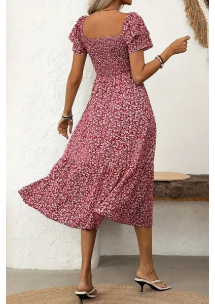 Kare Yaka Kısa Kollu Beli Büzgülü Süprem Elbise - Kırmızı modelleri