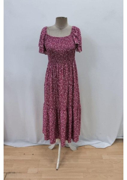 Kare Yaka Kısa Kollu Beli Büzgülü Süprem Elbise - Kırmızı fırsatları