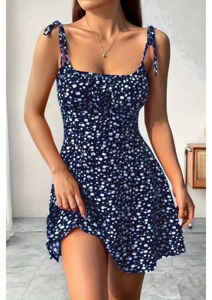 Askılı Kare Yaka Büzgü Detaylı Mini Süprem Elbise - Mavi