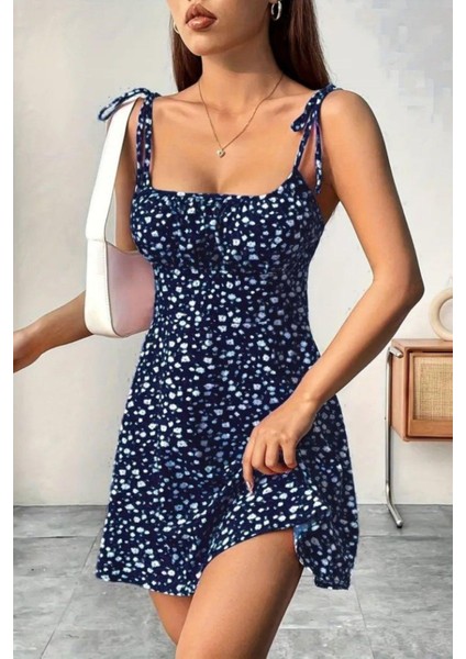 Askılı Kare Yaka Büzgü Detaylı Mini Süprem Elbise - Mavi fiyatları