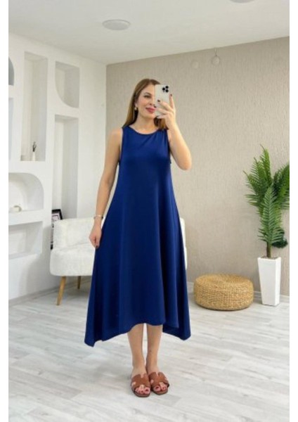 Kolsuz Asimetrik Kesim Viskon Elbise - Lacivert