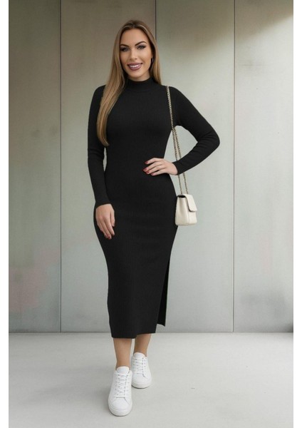 Balıkçı Yaka Midi Kaşkorse Elbise - Siyah