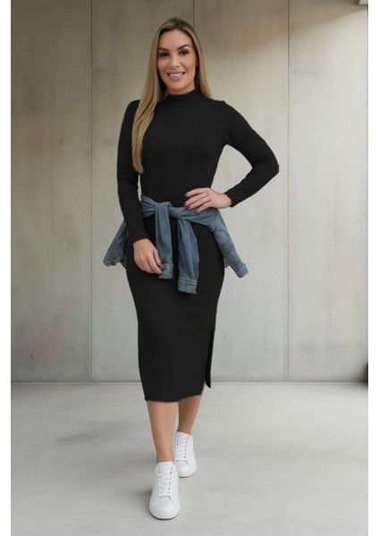 Balıkçı Yaka Midi Kaşkorse Elbise - Siyah fiyatları