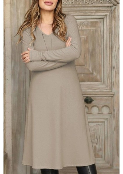 V Yaka Salaş Midi Boy Viskon Iki Iplik Elbise Bej fiyatları