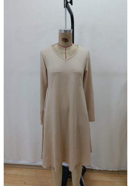 V Yaka Salaş Midi Boy Viskon Iki Iplik Elbise Bej fırsatları