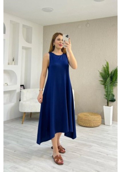 Kolsuz Asimetrik Kesim Viskon Elbise - Lacivert fiyatları