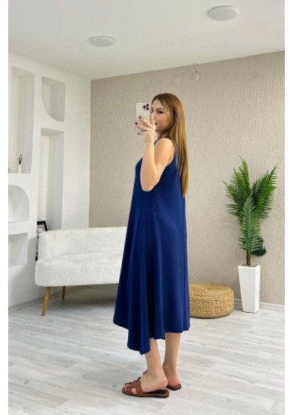 Kolsuz Asimetrik Kesim Viskon Elbise - Lacivert modelleri