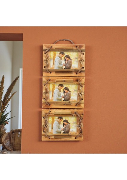 El Yapımı Doğal Ahşap 3’lü Bambu Bamboo Fotoğraf Çerçevesi Dekoratif Ev Ofis Hediyesi Duvar Süsü -10
