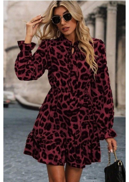 Bağlamalı Yaka Leopar Desenli Modal Elbise - Mor