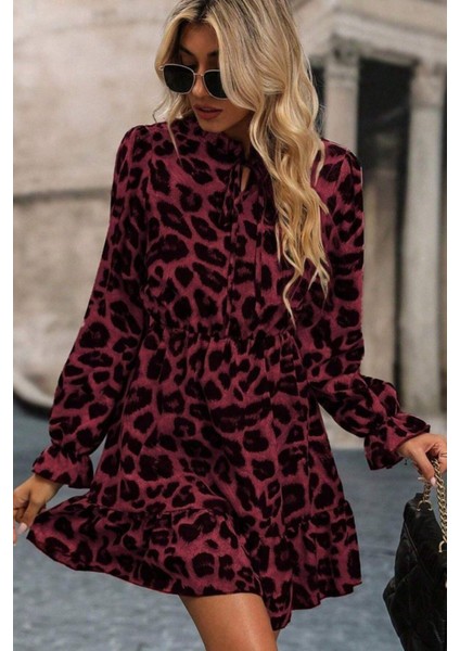 Bağlamalı Yaka Leopar Desenli Modal Elbise - Mor fiyatları