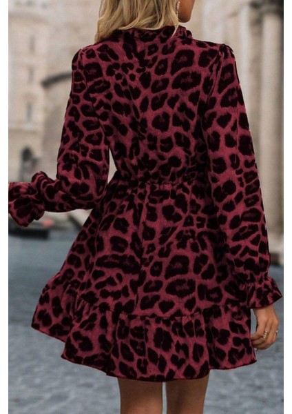 Bağlamalı Yaka Leopar Desenli Modal Elbise - Mor modelleri