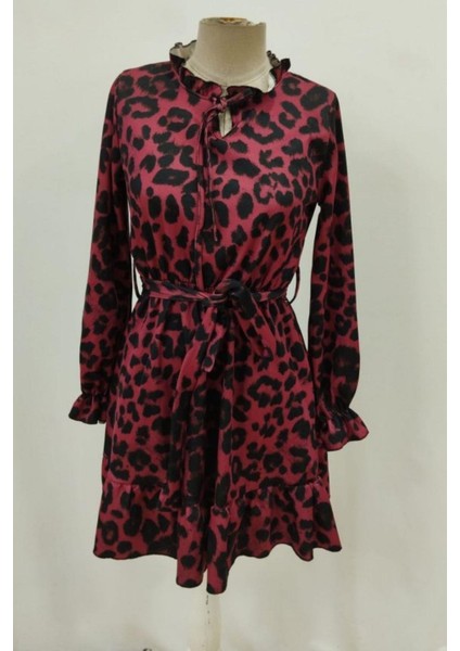 Bağlamalı Yaka Leopar Desenli Modal Elbise - Mor fırsatları