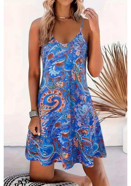 Askılı Desenli Yazlık Süprem Elbise - Mavi