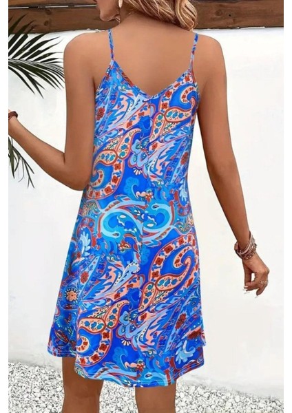 Askılı Desenli Yazlık Süprem Elbise - Mavi fiyatları