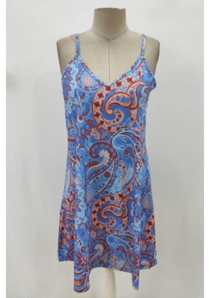 Askılı Desenli Yazlık Süprem Elbise - Mavi fırsatları