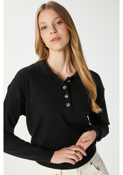 Kadın Lily Premium Iplik Polo Yaka Siyah Triko Kazak