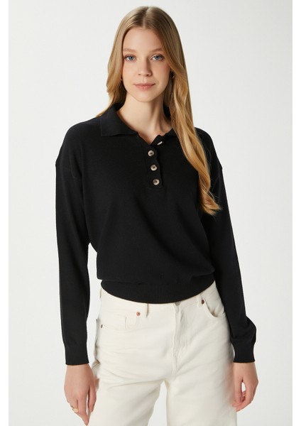 Kadın Lily Premium Iplik Polo Yaka Siyah Triko Kazak fiyatları