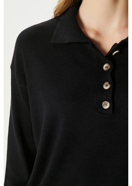 Kadın Lily Premium Iplik Polo Yaka Siyah Triko Kazak modelleri