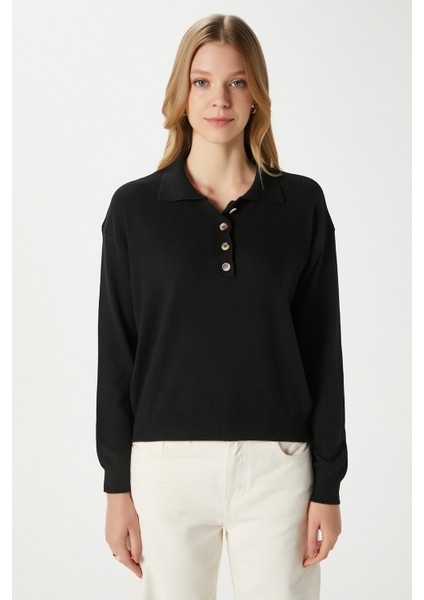 Kadın Lily Premium Iplik Polo Yaka Siyah Triko Kazak fırsatları