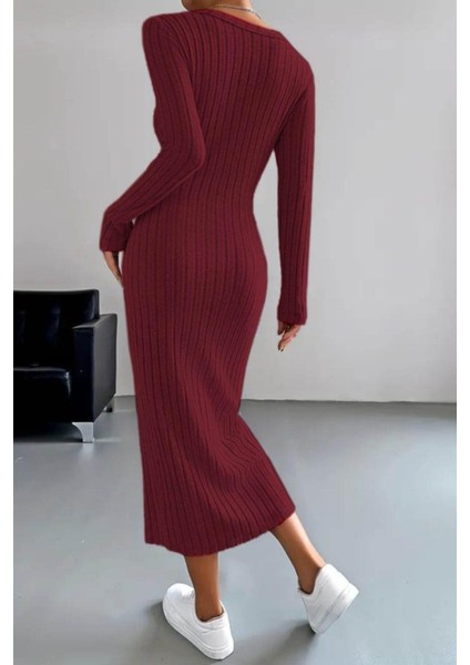 Uzun Kollu Önden Düğmeli Yırtmaçlı Kaşkorse Elbise - Bordo fiyatları