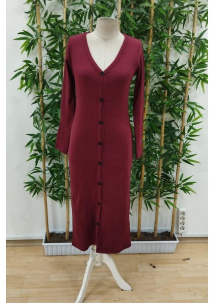 Uzun Kollu Önden Düğmeli Yırtmaçlı Kaşkorse Elbise - Bordo fırsatları