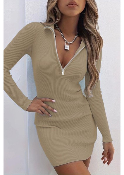 Fermuar Detaylı Kaşkorse Mini Elbise - Taş