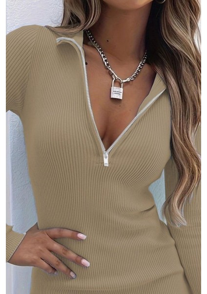 Fermuar Detaylı Kaşkorse Mini Elbise - Taş fiyatları