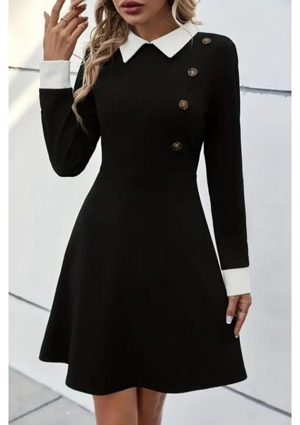 Düğmeli Yaka ve Kol Detaylı Kısa Modal Elbise - Siyah