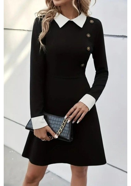 Düğmeli Yaka ve Kol Detaylı Kısa Modal Elbise - Siyah fiyatları