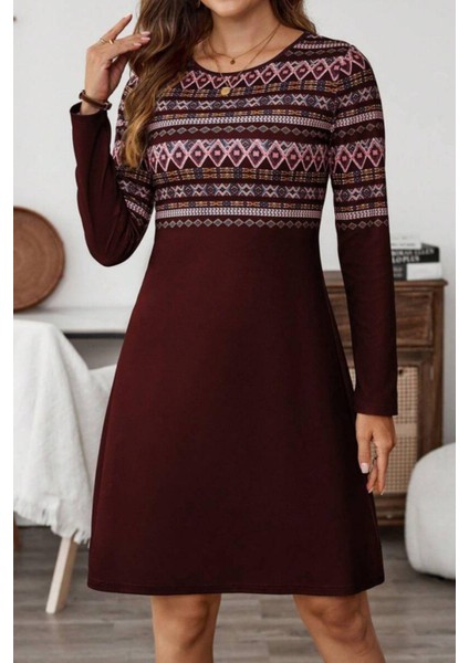 Etnik Desenli Uzun Kollu Şardonlu Dalgıç Elbise - Bordo